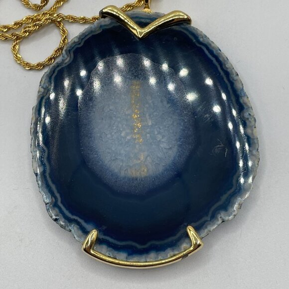Kenneth Lane Vintage 70s Large Blue Agate Geode Slice Iconic Pendant Necklace - Picture 4 of 7